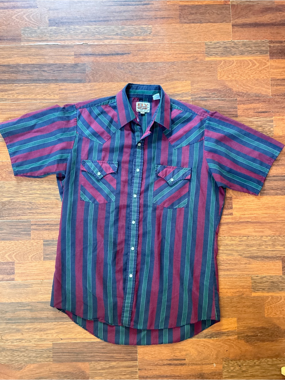 Ely Cattleman Burgundy and Green Striped Short-Sleeve Western Shirt